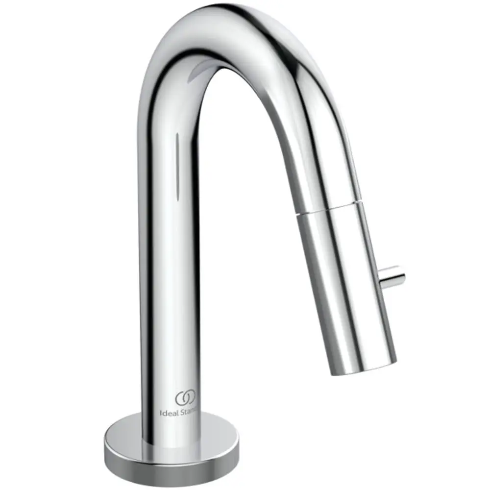 Standventil aus Chrom von Ideal Standard mit geschwungenem Design und seitlichem Hebel zur Wassersteuerung, montiert auf einem runden Sockel.